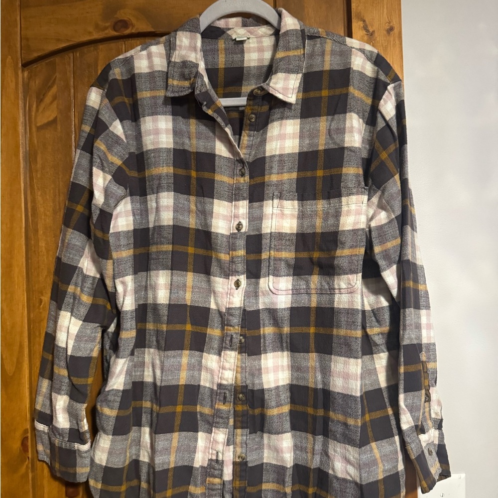 Aerie Casual Plaid Button Down Shirt - Gray, White, Yellow